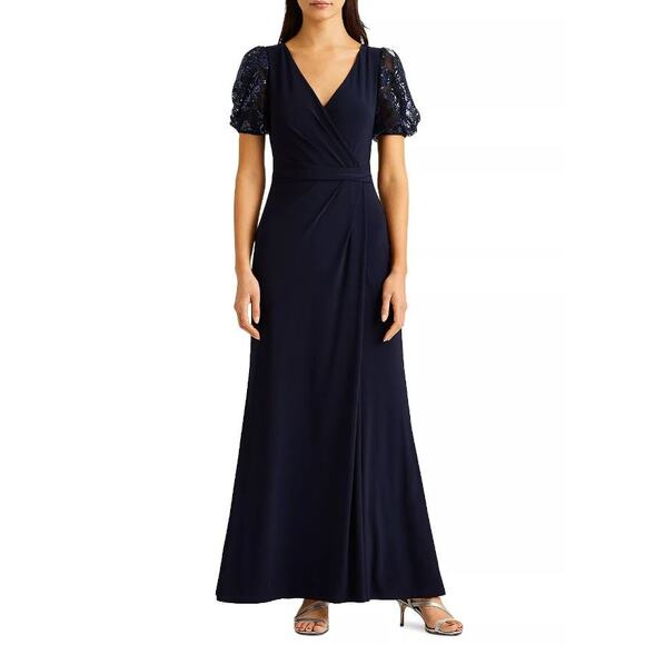 Lauren Ralph Lauren Sequined Puff Sleeve Evening Dress Gown Size 8 Navy Blue - Picture 7 of 7